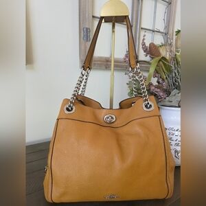 Coach Edie Shoulder Bag In Camel Pebble Grain Leather With Nickel Hardware